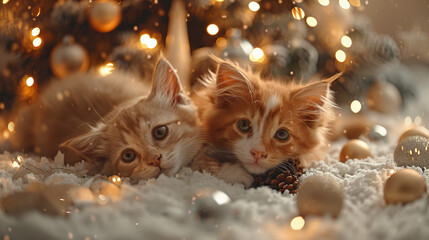 Kitten and Puppy by Christmas Tree - A kitten and puppy lying on a white rug with Christmas decorations and twinkling lights around them.