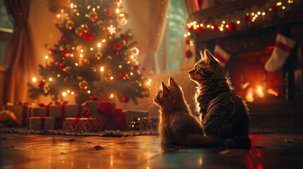Cats Watching Christmas Tree - Two cats sitting and watching the Christmas tree lights with a festive background and a cozy fireplace.