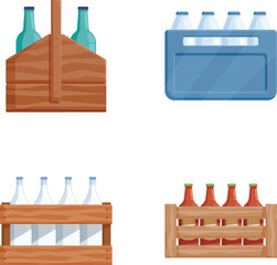 Vector illustration set featuring various styles of bottle crates and beverage packaging