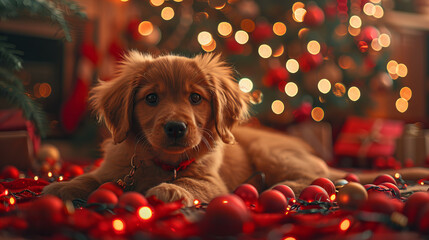 Puppy with Christmas Ornaments - A cute puppy lying on a red blanket surrounded by Christmas ornaments and twinkling lights.