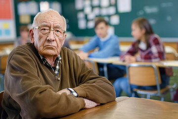 Elderly man leading engaging discussions with students in a classroom, sharing wisdom and knowledge, creating an intellectually stimulating environment