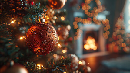 Christmas Tree Ornament - A red ornament on a Christmas tree with a warm fireplace in the background.