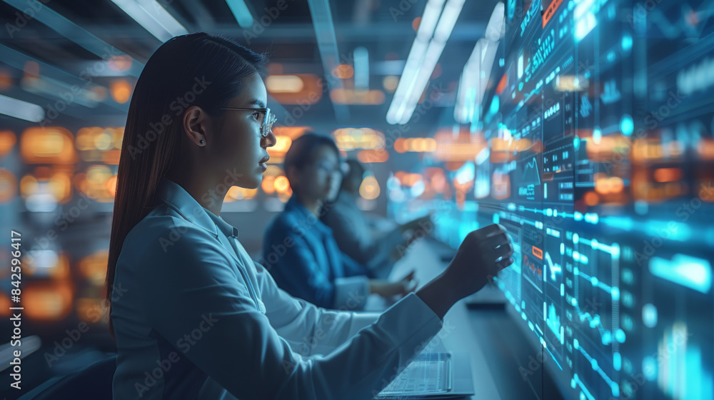Poster A futuristic cloud spend management platform. feature a sleek and modern interface with holographic element, showing graphs and analytic. professionals working together in a high-tech. Generative AI.