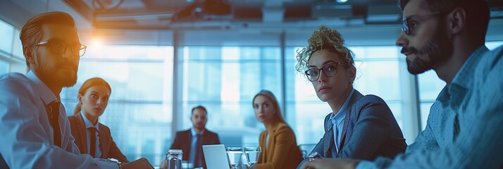 A diverse group of professionals engaged in a dynamic brainstorming session in a modern conference room. The atmosphere is one of collaboration, creativity. Generative AI.