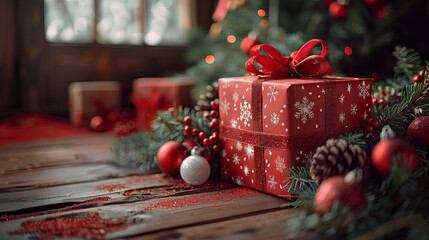 Christmas Present with Festive Decorations on Wooden Floor - A beautifully wrapped Christmas present with festive decorations on a rustic wooden floor, surrounded by holiday ornaments and greenery.