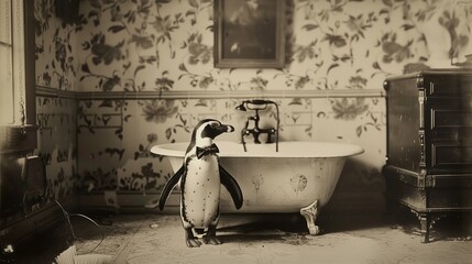 Penguin in a Vintage Bathroom