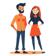 Young man woman stand together smiling confidently. Cartoon characters, male orange shirt blue jeans, female black blouse orange skirt. Casual fashion, friendly people, stylish clothes
