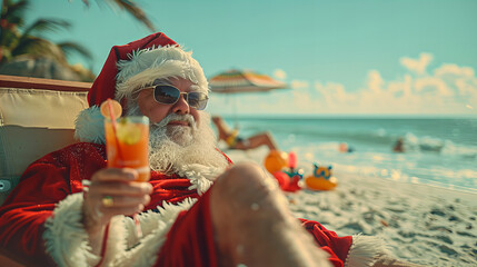 Santa's Beach Holiday - Santa Claus sitting on a beach chair, holding a drink, enjoying the sunshine and sea breeze of a beach holiday.