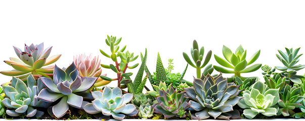  A collection of various types of cactus plants arranged in a row against a white background. 