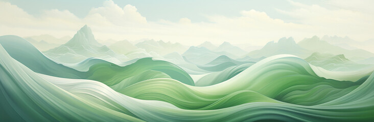 Obraz premium Illustrate a landscape resembling waves of verdant fields with graceful curves and rich green tones. Focus on the fluid and dynamic movement within the natural scenery