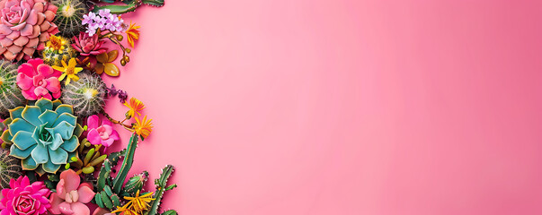  A collection of various types of cactus plants arranged in a row against a pink background. 