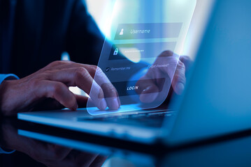 virtual interfaces, user typing login and password, cyber security concept.
