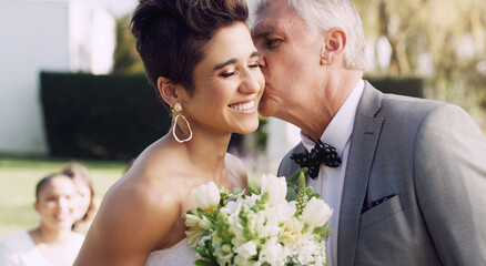 Kiss, father and daughter for happy wedding, pride and support of family for ceremony, celebration...
