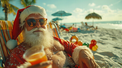 Santa Claus on the Beach - An elderly man dressed as Santa Claus enjoying a drink on the beach