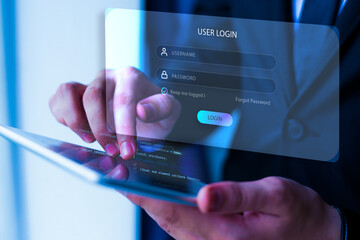 Entrepreneurs login secure online for access to records in the cloud computing system virtual interfaces, user typing login and password, cyber security concept.