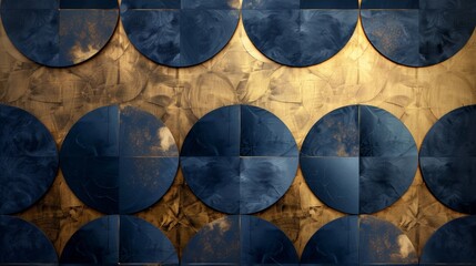 Abstract Geometric Pattern with Navy Blue Circles on a Gold Background, Perfect for Modern Interior Design, Wallpaper, and Branding