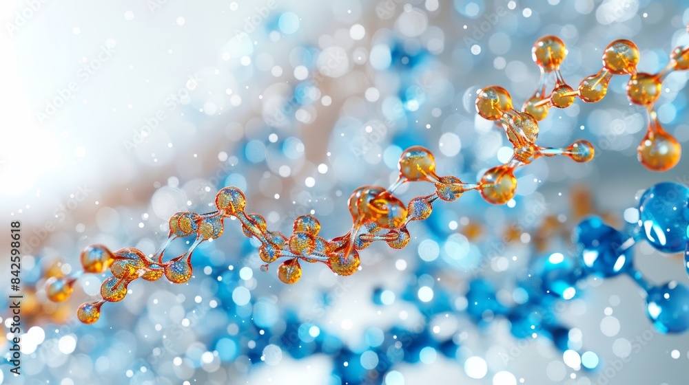 Wall mural abstract 3d rendering of a complex molecular structure with orange and blue spheres connected by thi