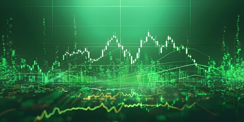Obraz premium Stock market graph on green background sustainable fashion vegan recipes DIY decor. Concept Stock Market, Green Background, Sustainable Fashion, Vegan Recipes, DIY Decor
