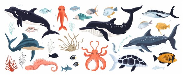 Obraz premium Vector illustration of various sea creatures on a white background