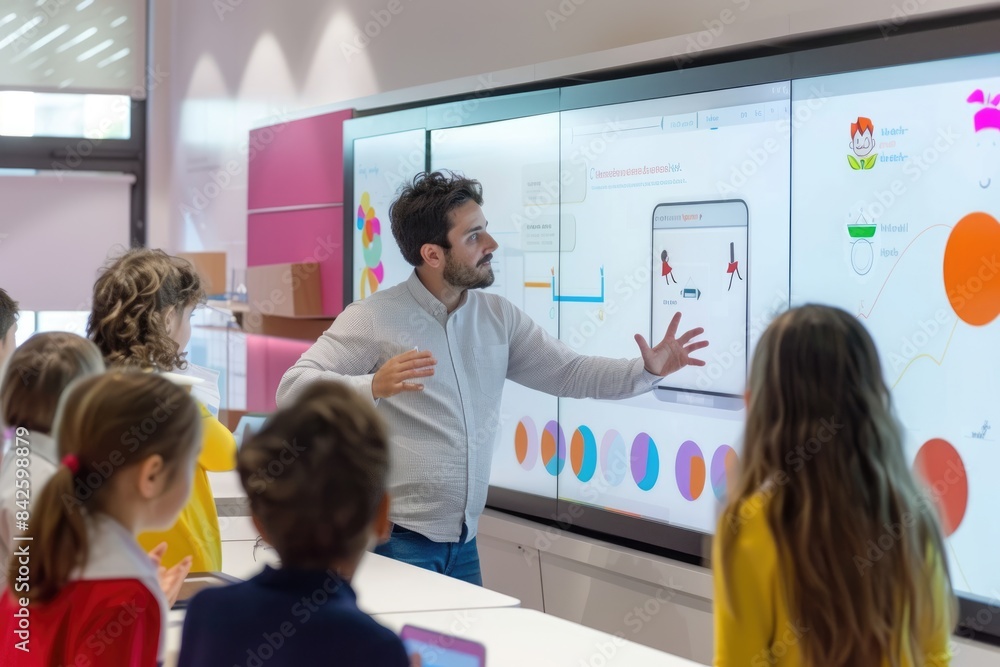 Poster portrait of teacher teaching about ai at digital classroom. multicultural elementary student learnin