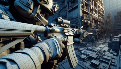 first person shooter game scene and character