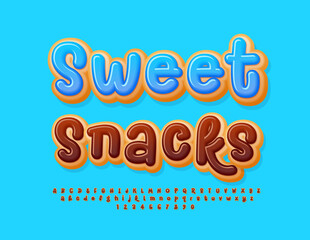 Vector tasty banner Sweet Snacks. Delicious funny Font. Playful style Donut Alphabet Letters and Numbers set.