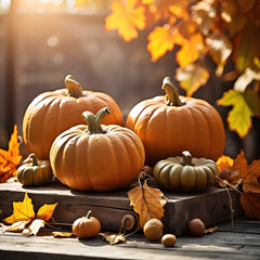Thanksgiving Pumpkins And Leaves On a Rustic Wooden Table With Sunlight And Bokeh in Autumn Background - Thanksgiving  Harvest Concept design