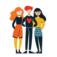 Group three young adults standing together, smiling, diverse ethnicities. Redheaded woman, man red hair, heart shirt, brunette woman yellow. Casual style, friendship, unity, diversity, happy people