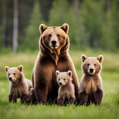 Fototapeta premium brown-bear-ursus-arctos-mother-with-two-cubs-on-green-meadow`