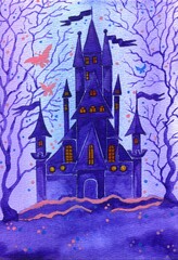 Purple and blue watercolor magic castle with fairies and flying butterflies at night in the forest