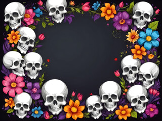 Colorful skulls and flowers frame over a dark background with a copy space design