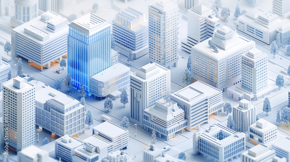 Poster a modern cityscape rendered in isometric style, featuring white buildings with blue accents and shad
