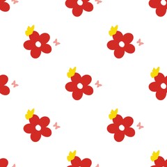 Seamless red flowers pattern with yellow and pink butterflies around it