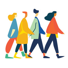 Four diverse young adults walking together, stylish casual outfits, modern flat design. Group friends strolling, colorful clothing, abstract simplistic shapes, urban life representation. Trendy