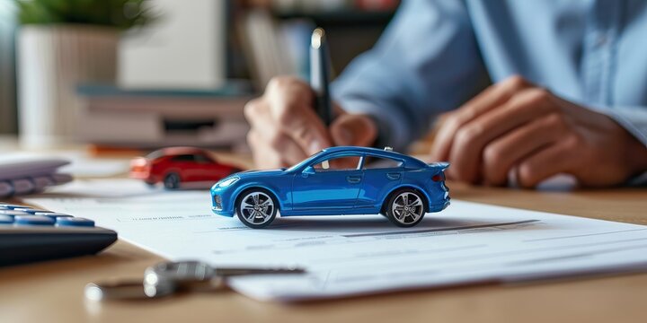 Man signing car insurance document or lease paper. Writing signature on contract or agreement. Buying or selling new or used vehicles. Car keys on table. Warranty or guarantee. Customer or salesman.