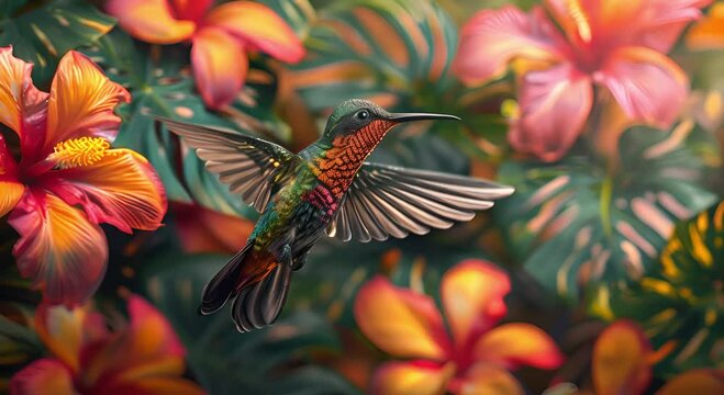 Colorful hummingbird in flight among bright orange blossoms, nature scene. Detailed close-up of a hummingbird with iridescent feathers near tropical flowers.	
