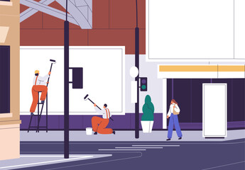 Large billboard installation on city street. Workers placing, installing blank advertising banner background for commercial promotion. Preparing for urban marketing campaign. Flat vector illustration