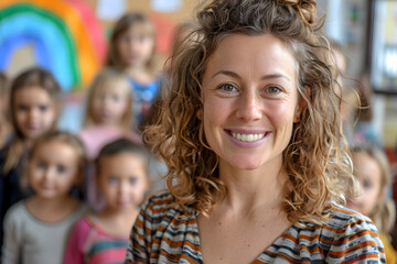 A professional female teacher of nursery school or kindergarten standing against a group of little learners, looking at the camera with a smile.