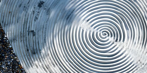 Obraz premium Topdown view of circular patterns in white sand in Zen garden. Concept Zen Garden, Circular Patterns, White Sand, Topdown View, Serene Environment