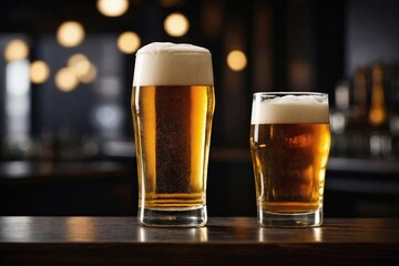 Modern Bar Top with Lager: a glass of lager on a sleek, dark bar top with clean lines.