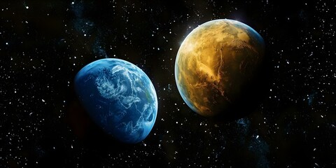 Naklejka premium Two planets visible in the sky one blue and the other yellow. Concept Astronomy, Planetary Alignment, Blue Planet, Yellow Planet, Sky Watching