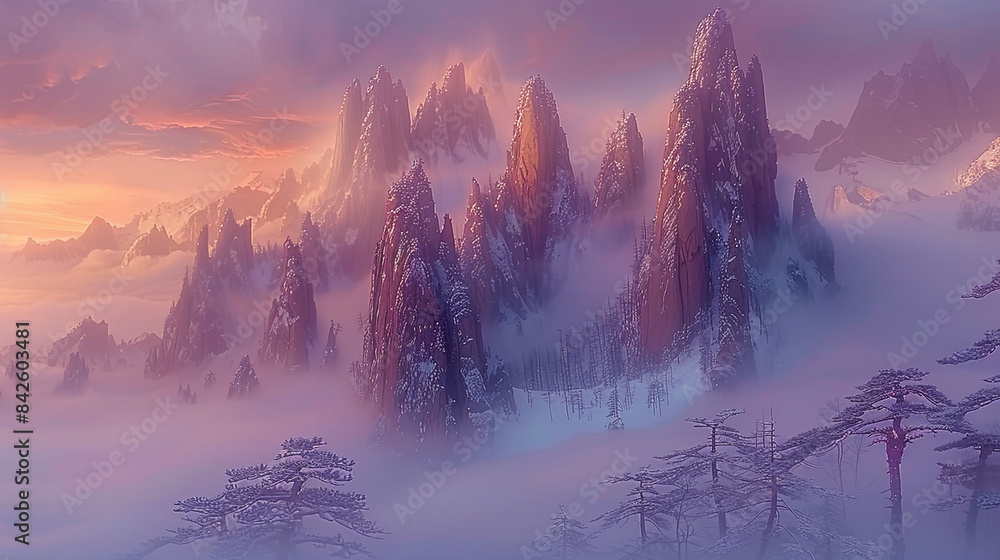 Wall mural A mountain range covered in snow and clouds with a pink