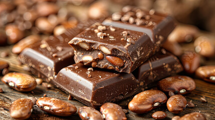 A stack of chocolate bars with nuts on top of a wooden table