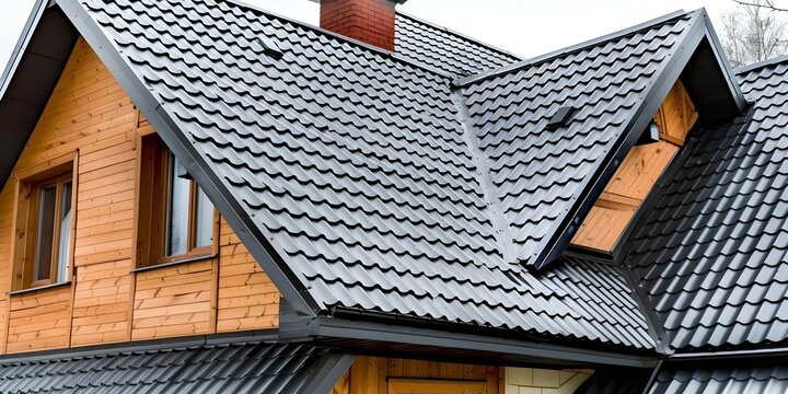 Closeup of metal roof tiles on a house. Concept Architecture, Closeup Photography, Metal Roofing, Home Exterior, Building Materials