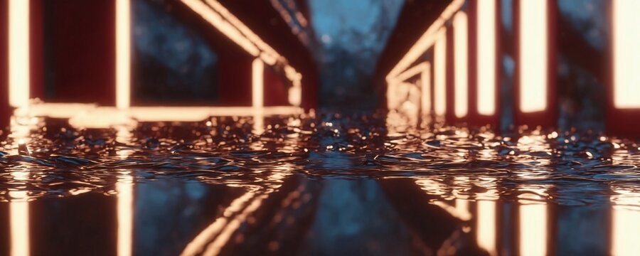 there is a reflection of a building in a puddle of water