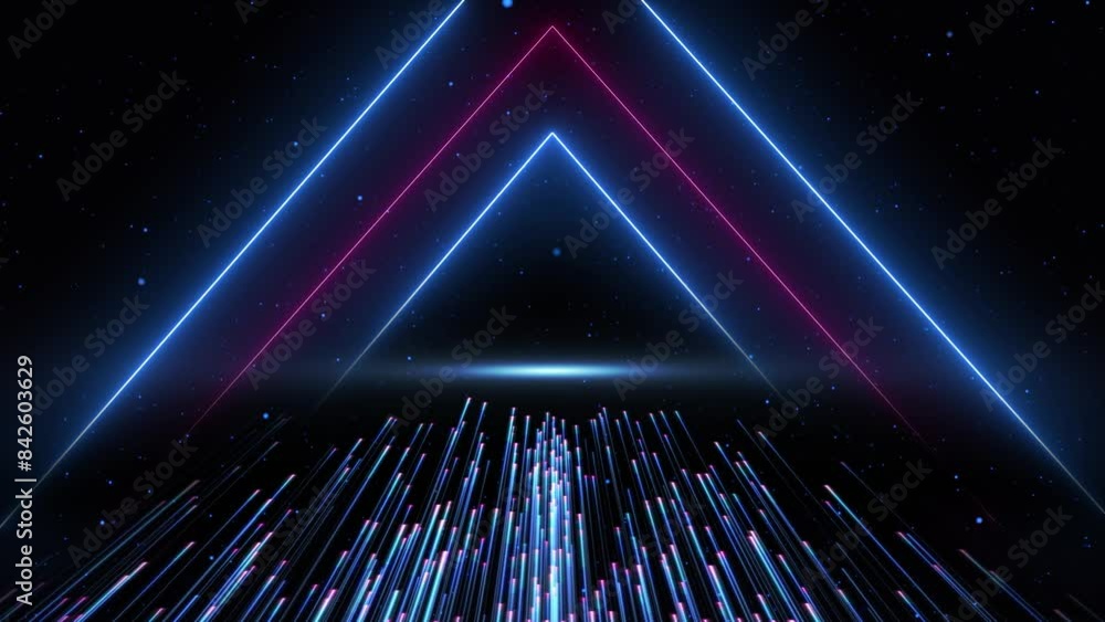 Poster abstract futuristic triangular tunnel. flying particles and data light streaks. background futuristi