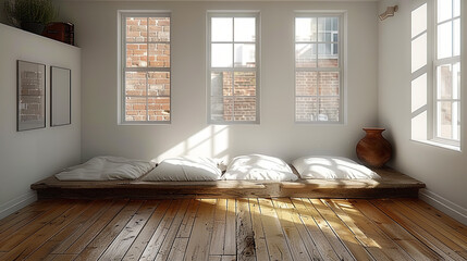 A room with a wooden floor and a vase on a table