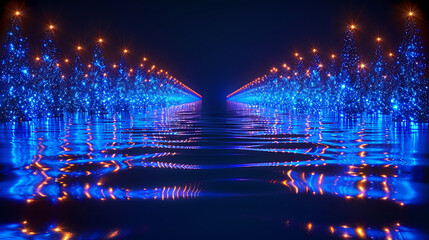 A long blue waterway with a row of blue Christmas trees