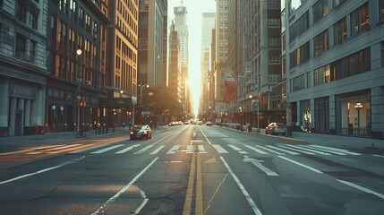 modern city road, empty road, New York City, Brightness mood, morning light, sunrise and sky, cinematic shot, sharpen detail, long shot, high quality