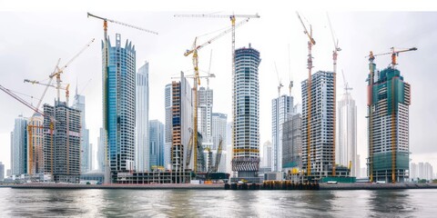panorama of the city, many skyscrapers are being built in the city and there are many cranes, white sky 